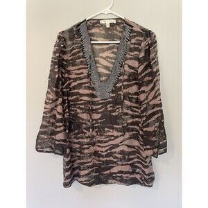Jenny Han Anthropologie 100% Silk Beaded Sheer 3/4 Sleeve Blouse Sz S Pink Zebra